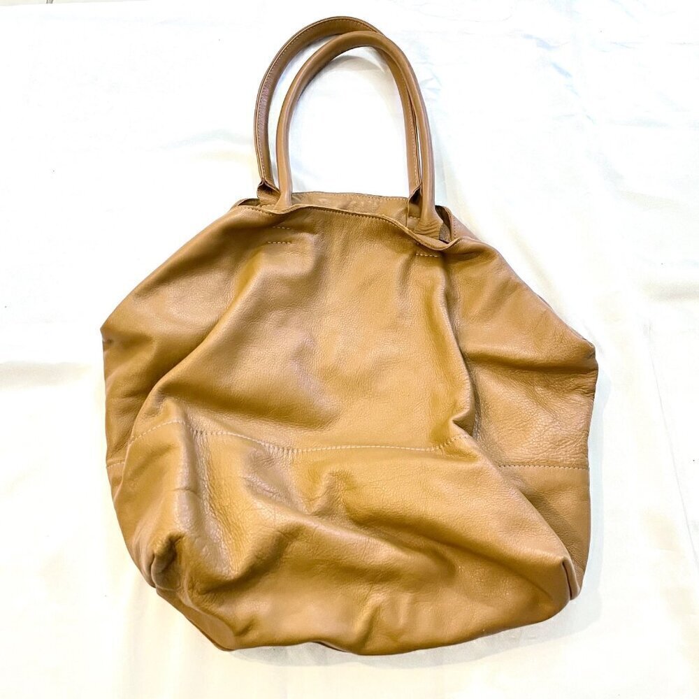 NewbarK Tan Leather Slouchy Oversized Tote Top Handle Bag Boho Luxe 90s Minimal - Picture 2 of 10